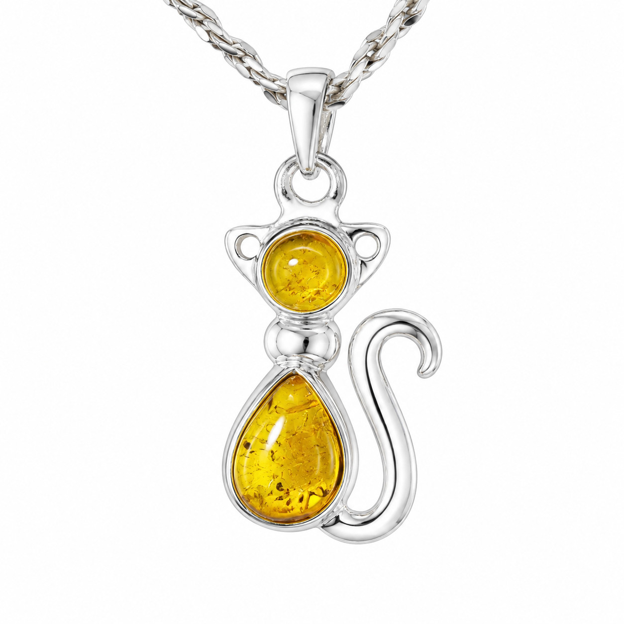 Impressive Natural Clear Light Green Amber .925 Sterling Silver Cat Pendant 32mm