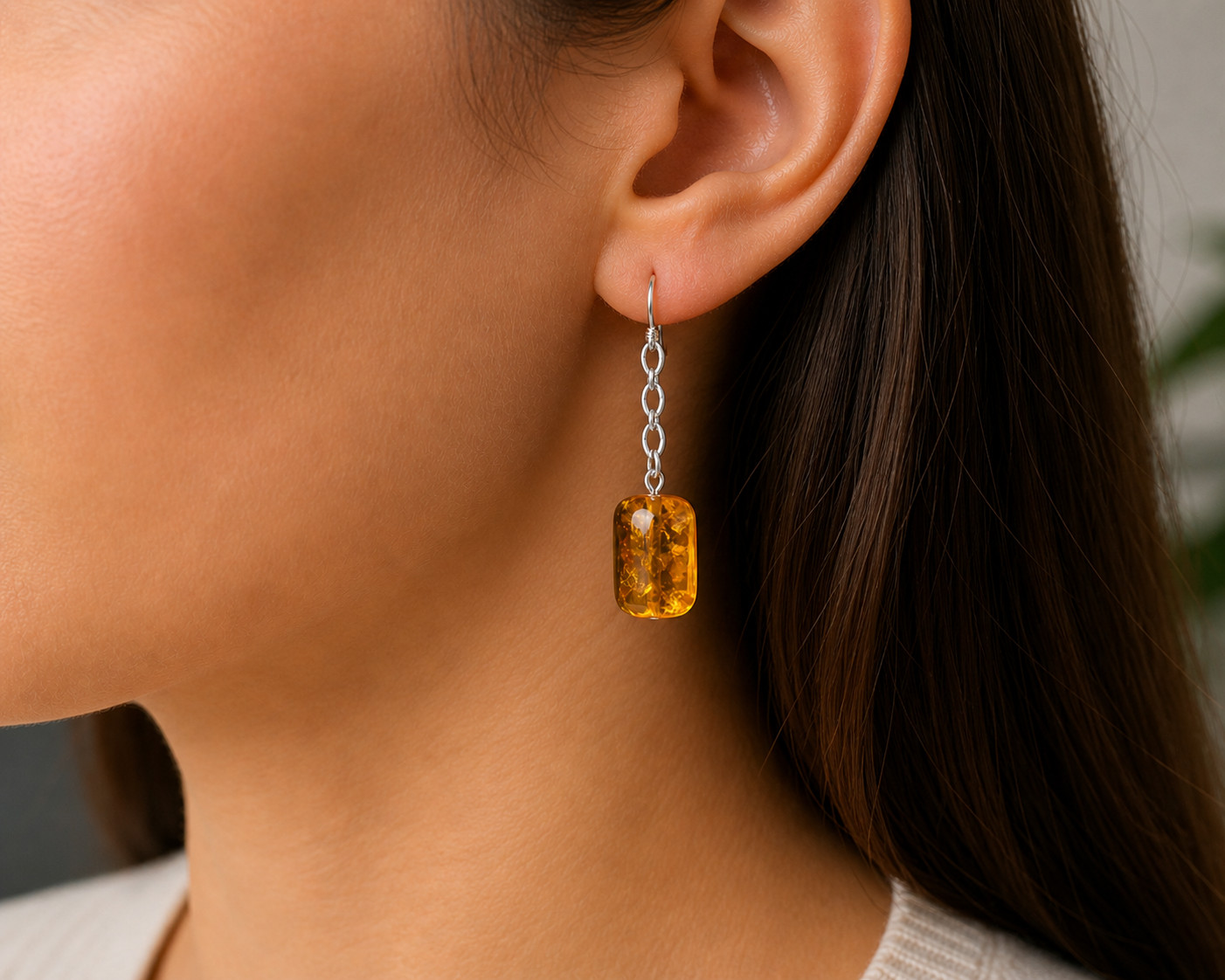 Exquisite Natural Clear yellow Amber .925 Sterling Silver Earrings 41mm