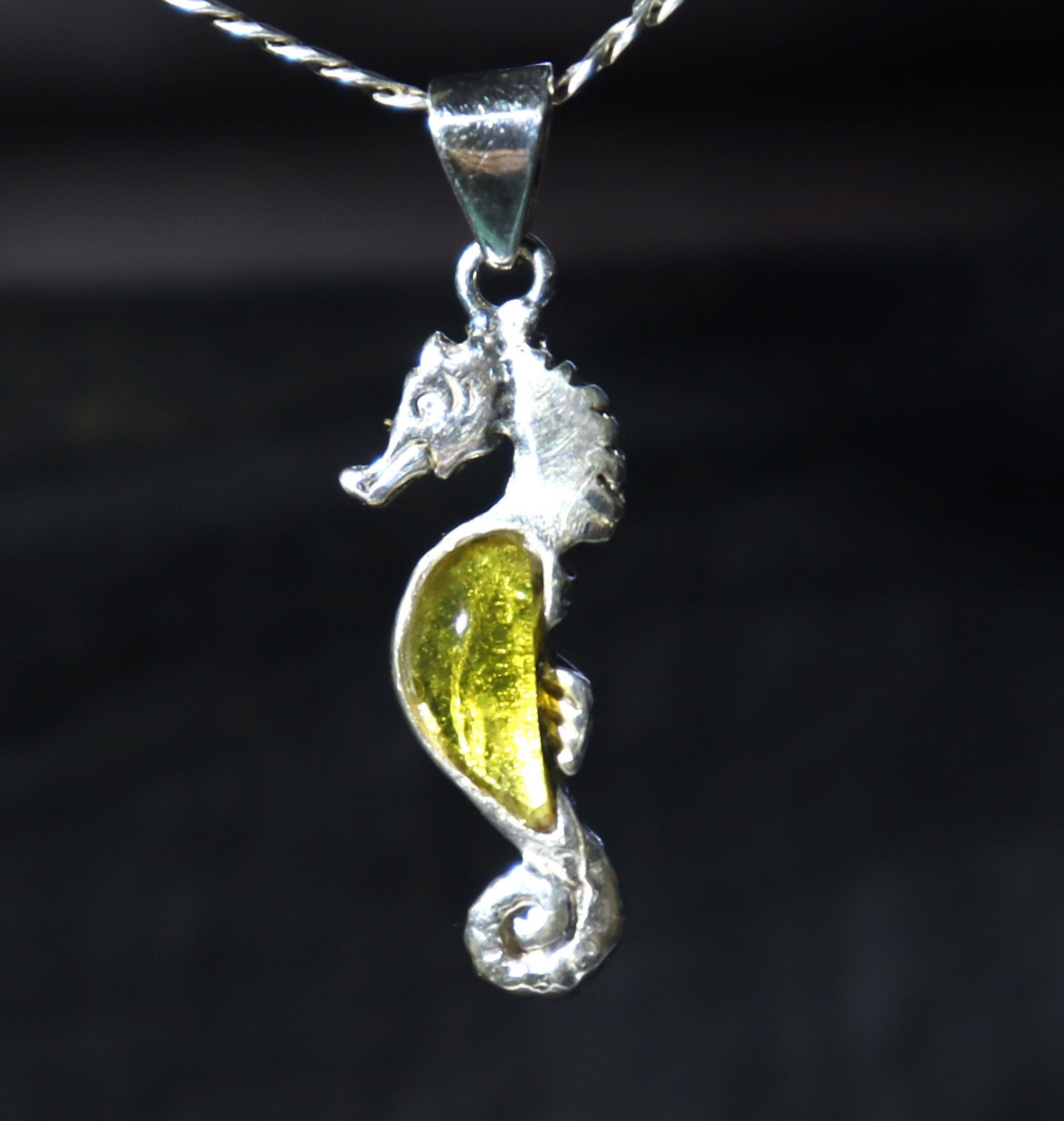 Natural Clear Light Green Amber .925 Sterling Silver Seahorse Pendant 1.7 inch