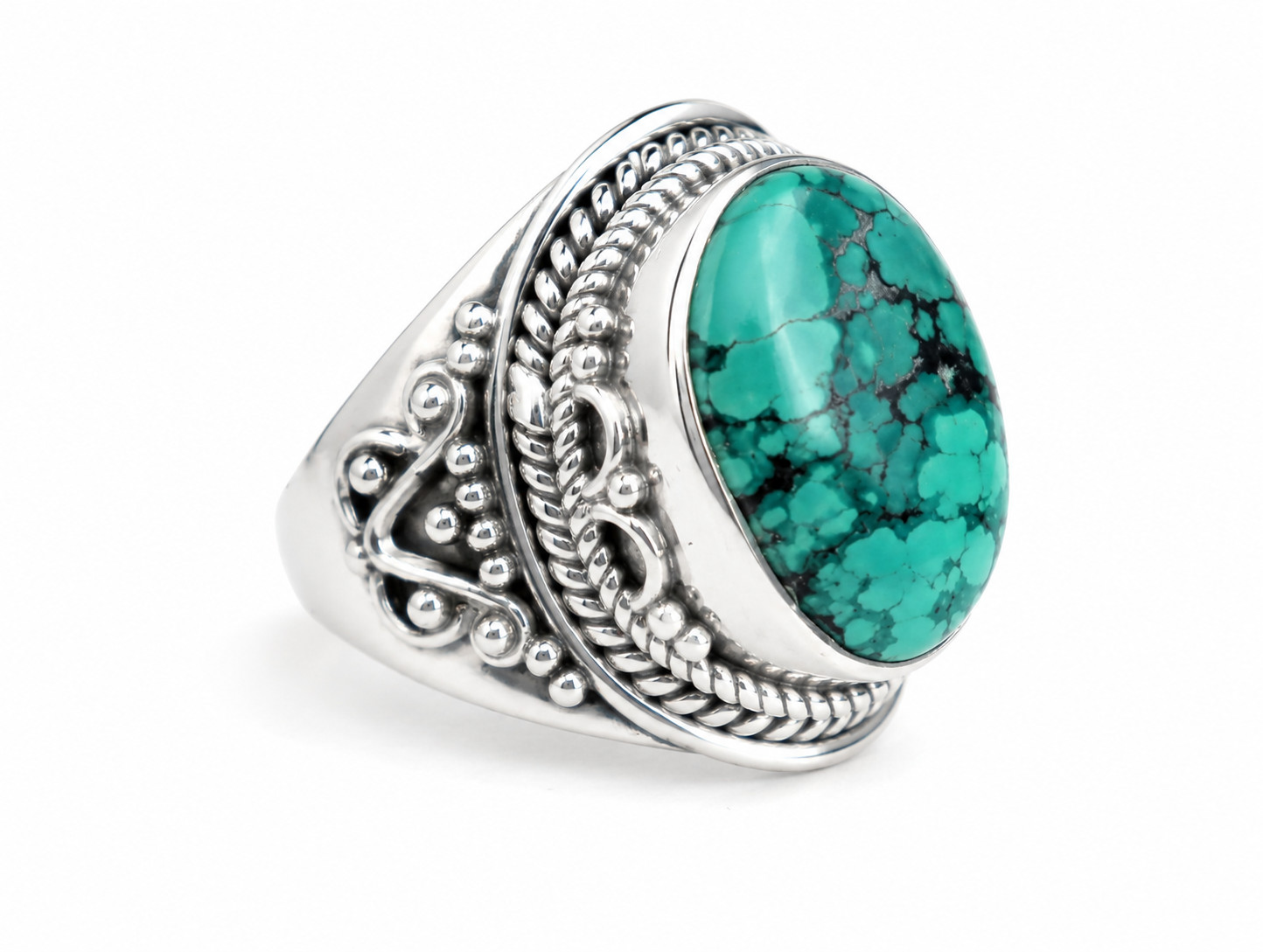 Exquisite Natural Deep Green Turquoise .925 Sterling Silver Ring #8.5