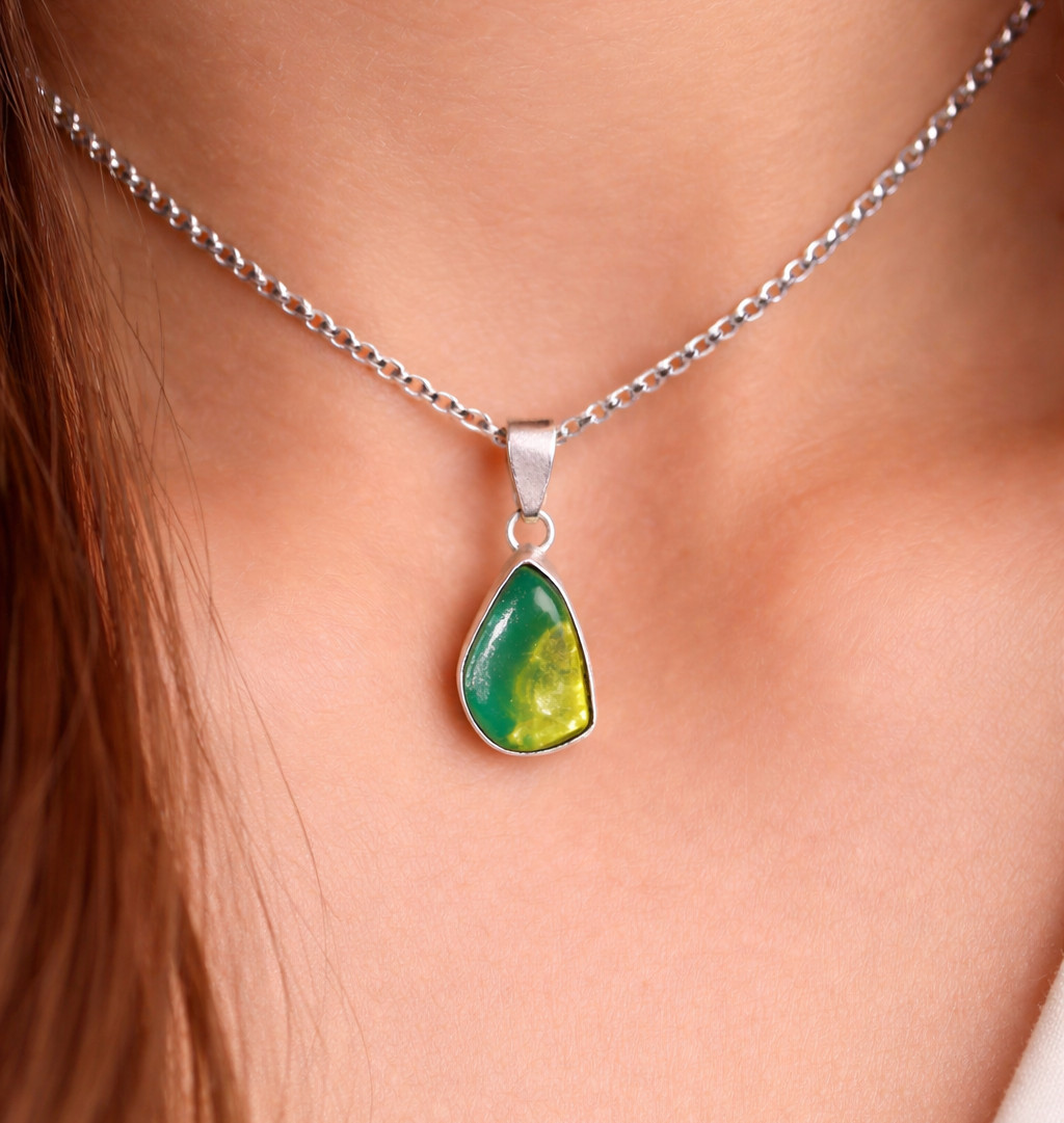 Finest Natural Clear Ocean Green Amber .925 Sterling Silver Pendant 29mm