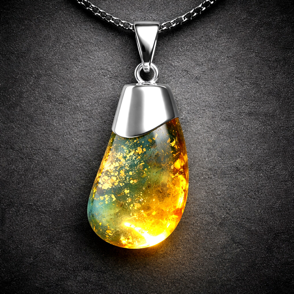 Excellent Natural Deep Green Amber .925 Sterling Silver Pendant 1.7inch