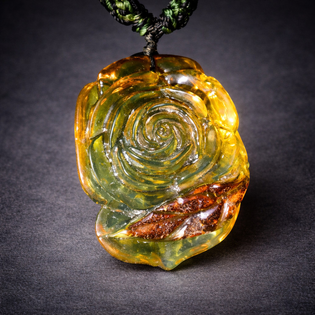 Hugh Hand-Carved Dominican Green Amber Pendant – Floral Design