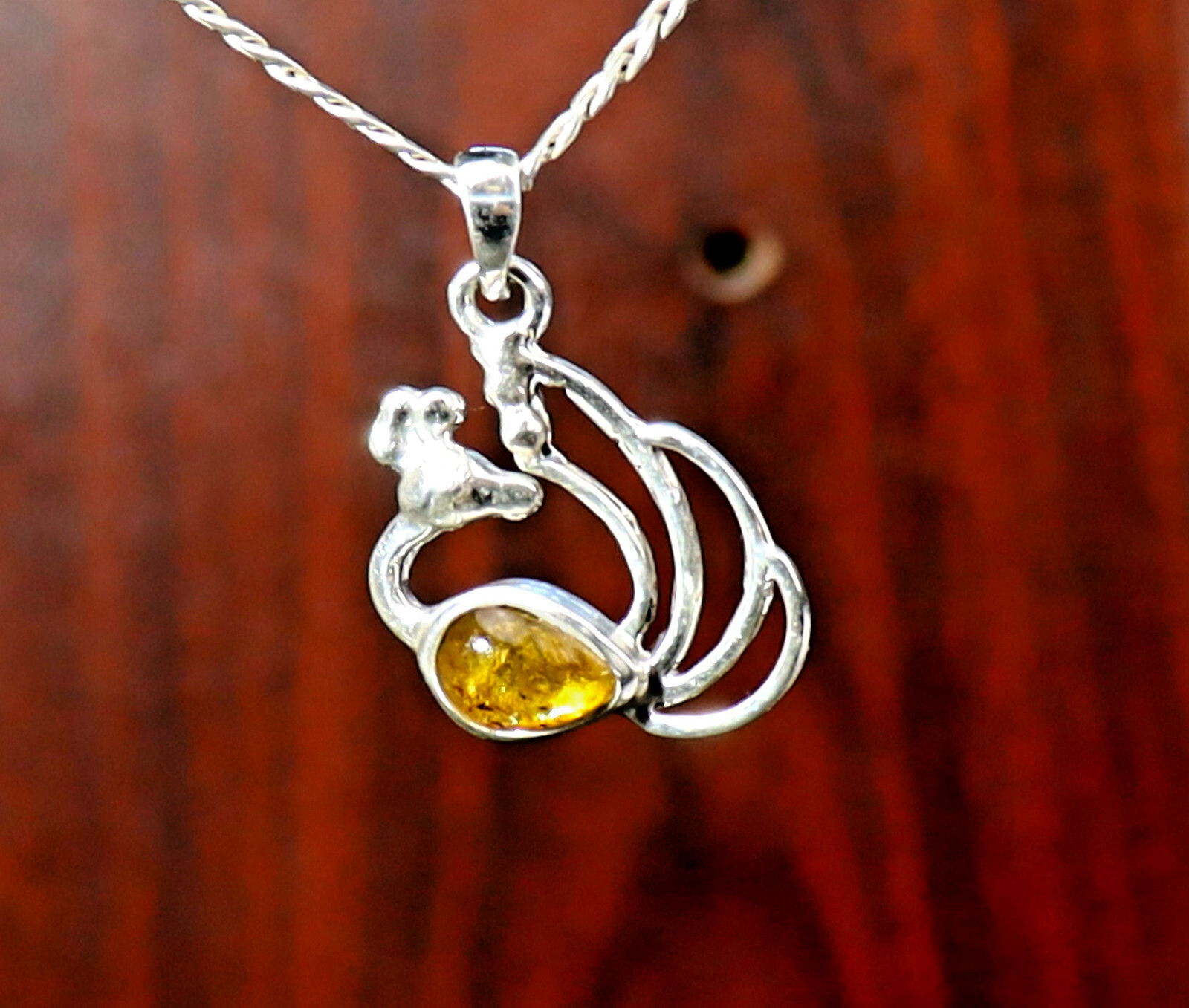Exquisite Orange Green Amber .925 Sterling Silver Peacock Pendant 1.3inch