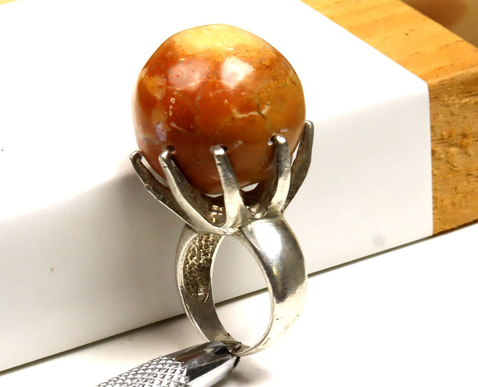 Hugh Natural Red Jasper  Sphere Ball .925 Sterling Silver Ring #6.5 free resizin