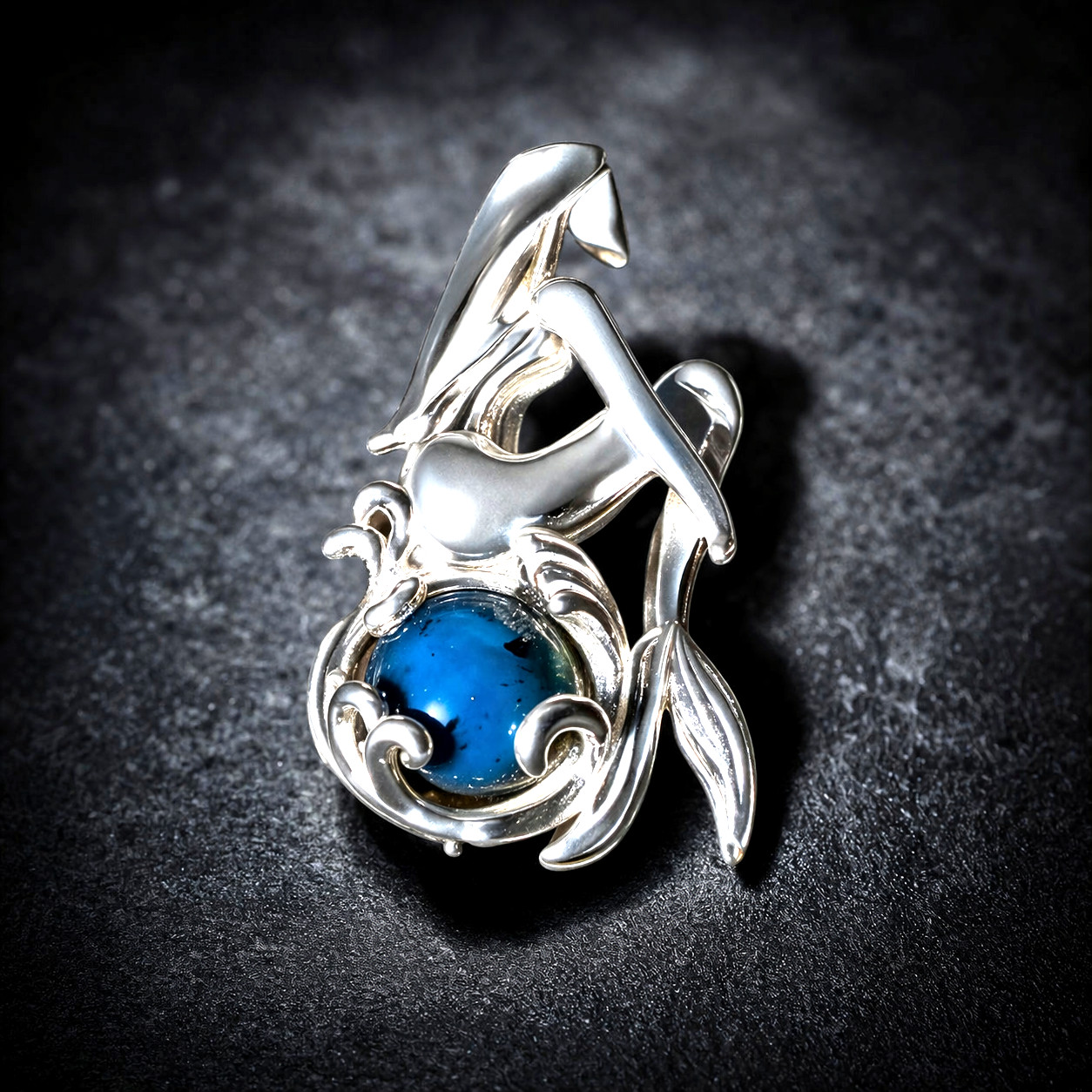 Natural Clear Volcanic Blue Amber .925 Sterling Silver Mermaid Nixe Pendant