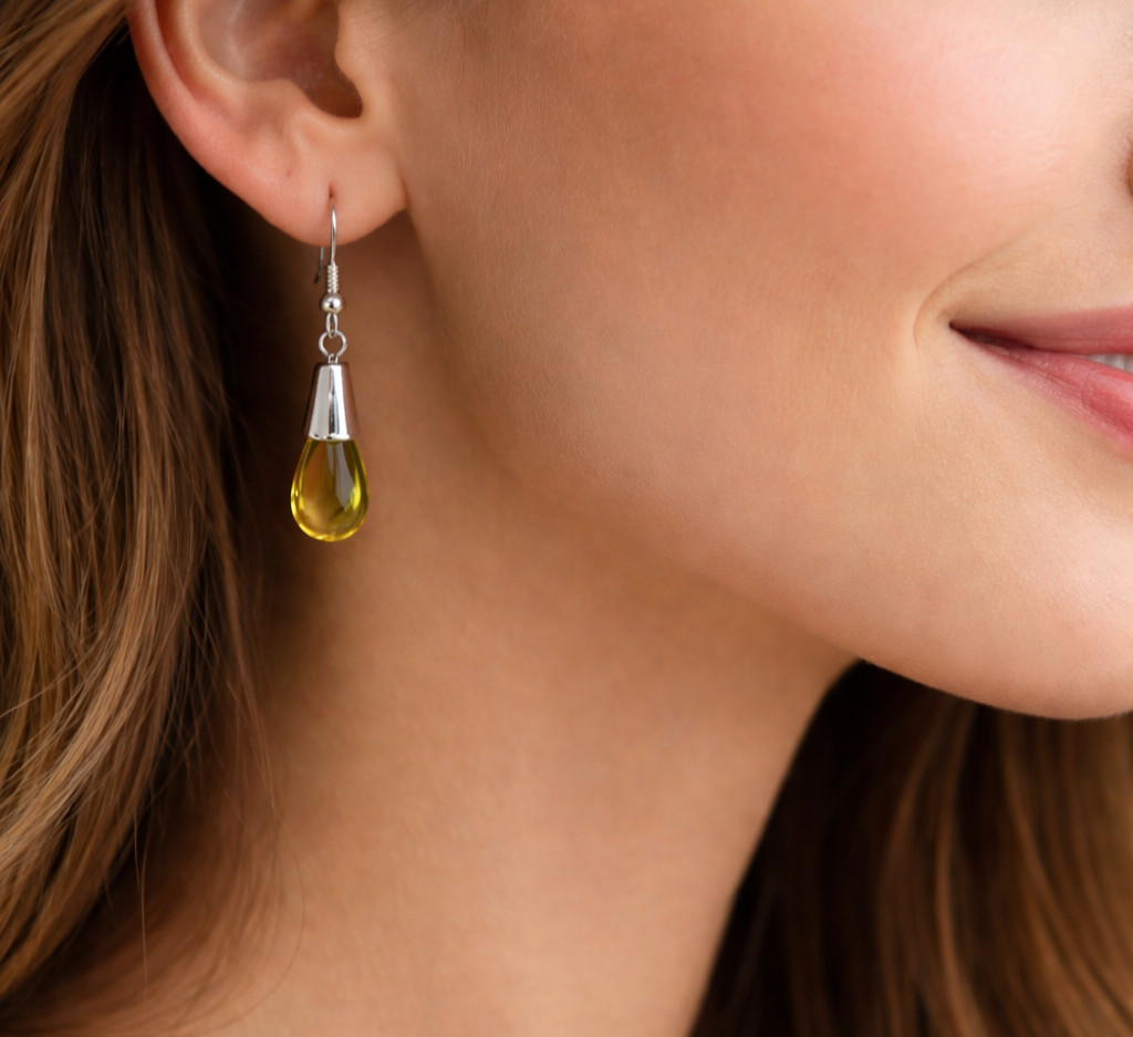 Lovely Natural Clear Yellow Green Amber .925 Sterling Silver Earrings 42.0mm