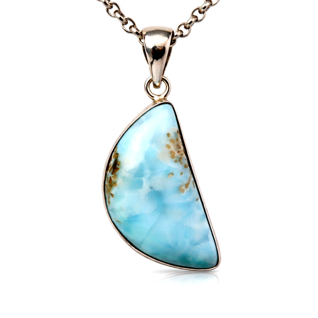 Natural Sky Blue Larimar .925 Sterling Silver Crescend Moon Pendant 40mm