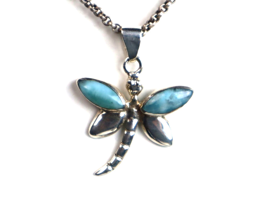 Natural Light Blue Larimar .925 Sterling Silver Dragonfly Pendant 37mm