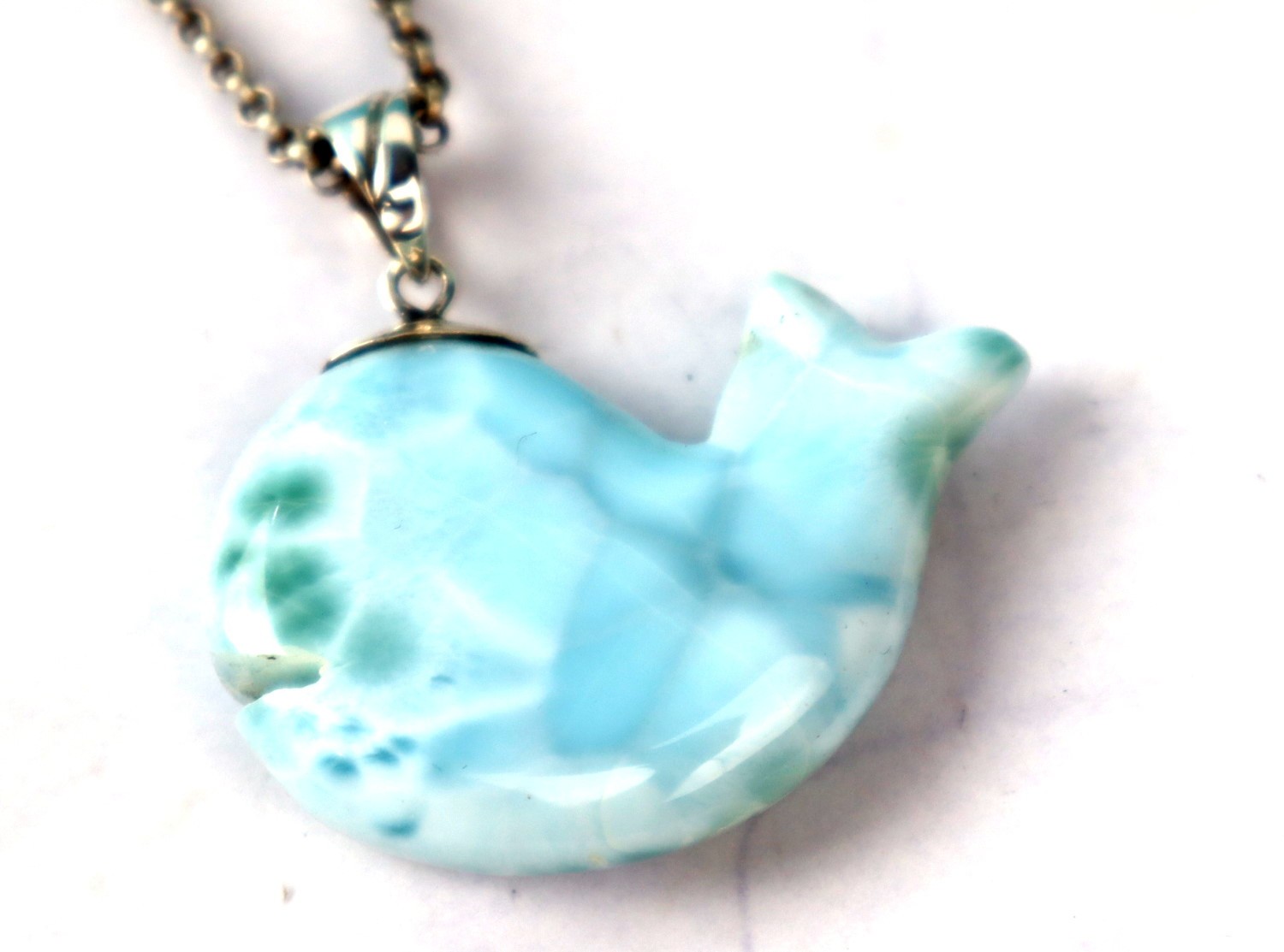 Hand carved Sky Blue Whale Fish Larimar .925 Sterling Silver Pendant 46mm