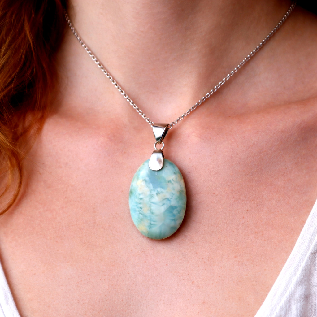 Impressive Natural Ocean Blue Larimar .925 Sterling Silver Pendant 46mm