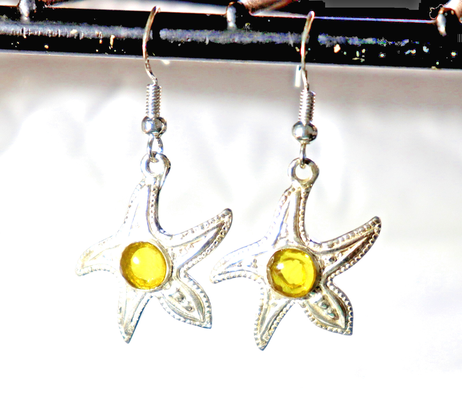 Natural Clear Yellow Amber .925 Sterling Silver Sea Star Starfish Earrings 1.7"