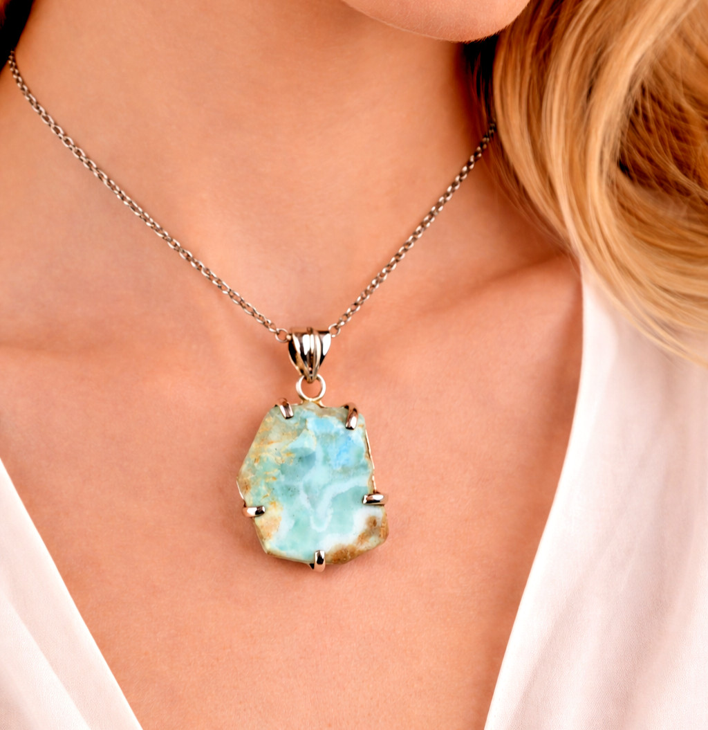 Rarest Natural Ocean Blue Larimar .925 Sterling Silver Pendant 39mm